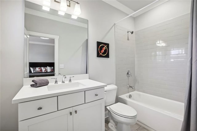 ensuite bathroom with shower / tub combination, vanity, toilet, and ensuite bathroom