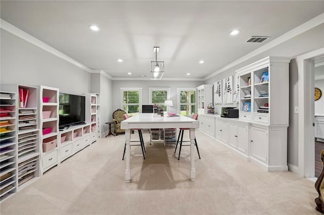 dining room featuring ornamental molding, recessed lighting, and light colored carpet