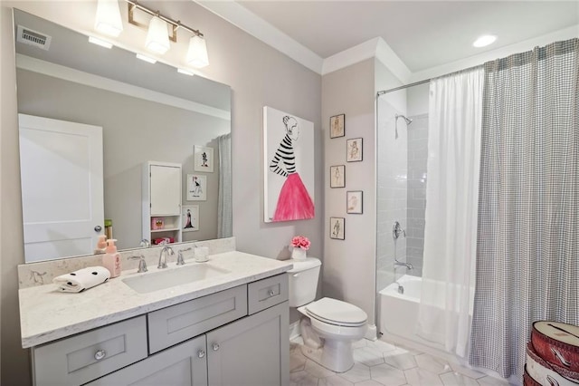 bathroom featuring crown molding, visible vents, toilet, shower / bath combo, and tile patterned flooring