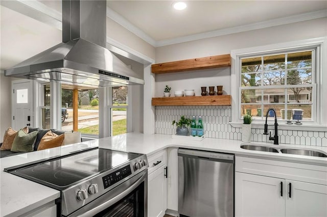 1282 Westridge Rd SW, Atlanta, GA 30311 - kitchen featuring ornamental molding, a sink, backsplash, appliances with stainless steel finishes, and wall chimney range hood