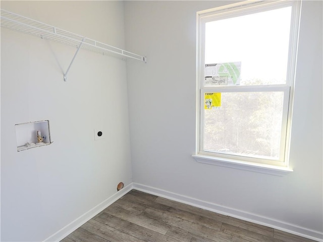 laundry room featuring electric dryer hookup, hookup for a washing machine, and dark wood-type flooring