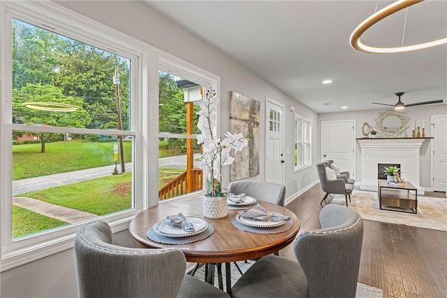 1995 Venetian Dr SW, Atlanta, GA 30311 - dining room with plenty of natural light, dark wood finished floors, a fireplace, recessed lighting, and a ceiling fan
