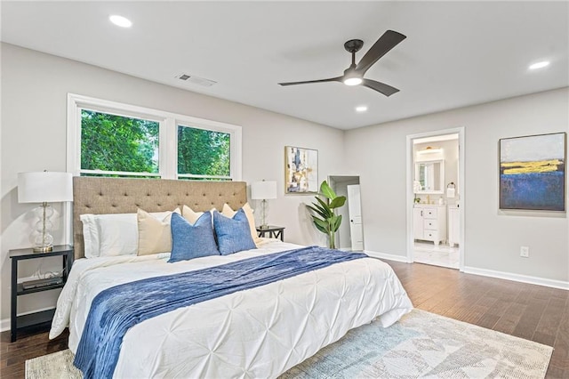 1995 Venetian Dr SW, Atlanta, GA 30311 - bedroom featuring dark wood-style floors, baseboards, recessed lighting, connected bathroom, and a ceiling fan