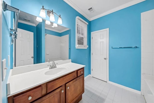 bathroom featuring vanity, crown molding, tile patterned flooring, and plus walk in shower