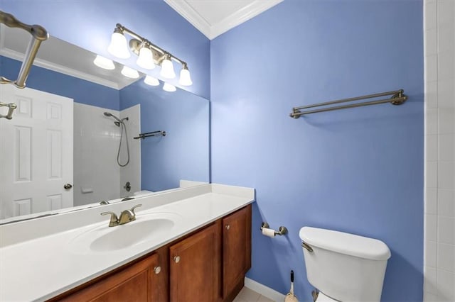 bathroom featuring vanity, a shower, ornamental molding, and toilet