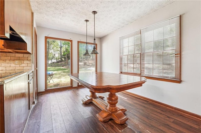 unfurnished dining area with dark wood-style flooring, a textured ceiling, and baseboards