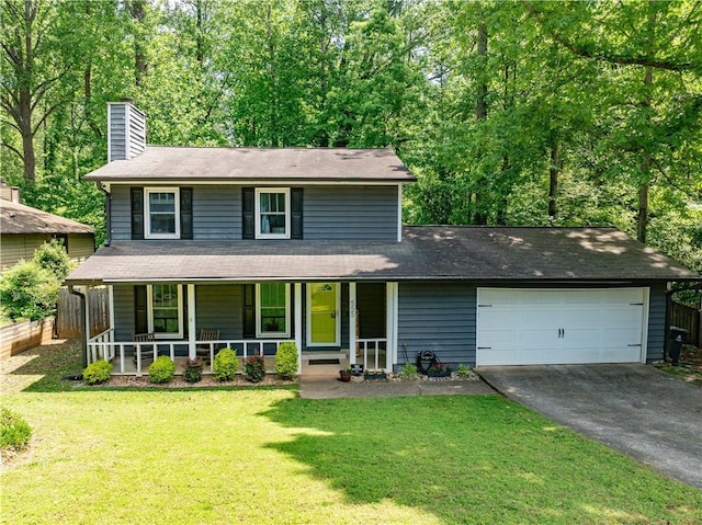 555 Creekwood Xing, Roswell, GA 30076 - traditional-style house with covered porch, a front yard, a chimney, an attached garage, and driveway