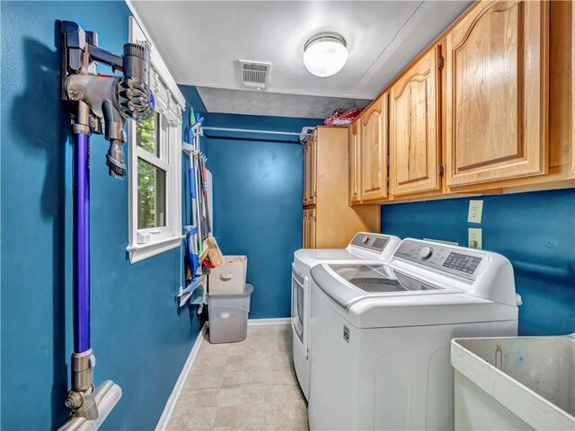 555 Creekwood Xing, Roswell, GA 30076 - laundry area featuring cabinet space, a sink, baseboards, visible vents, and washing machine and dryer