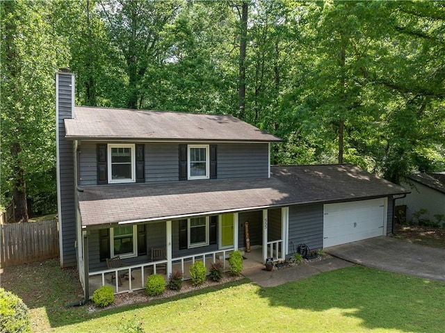 555 Creekwood Xing, Roswell, GA 30076 - traditional-style home featuring fence, an attached garage, a front yard, a chimney, and covered porch