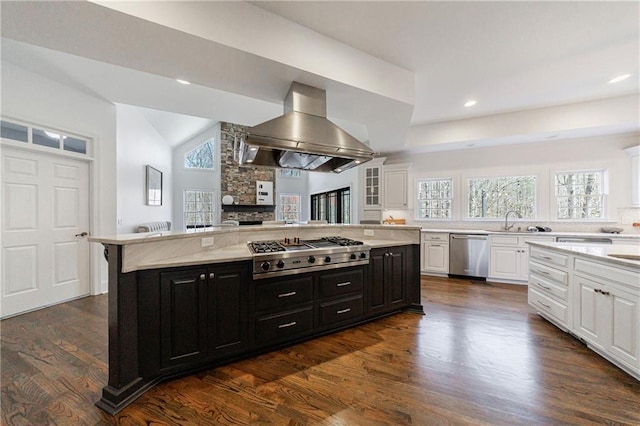 kitchen featuring exhaust hood, dark cabinetry, a wealth of natural light, white cabinetry, and appliances with stainless steel finishes