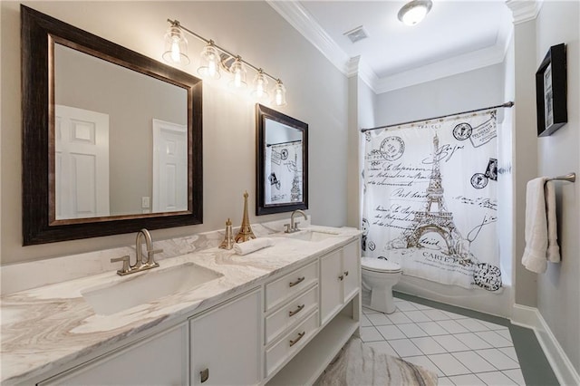 bathroom featuring crown molding, tile patterned flooring, a sink, and visible vents