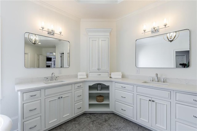 full bathroom with ornamental molding, a notable chandelier, and a sink