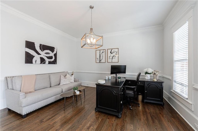 office with ornamental molding, dark wood finished floors, a healthy amount of sunlight, and a chandelier