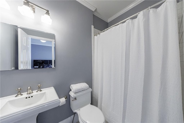 bathroom featuring toilet, crown molding, and a sink