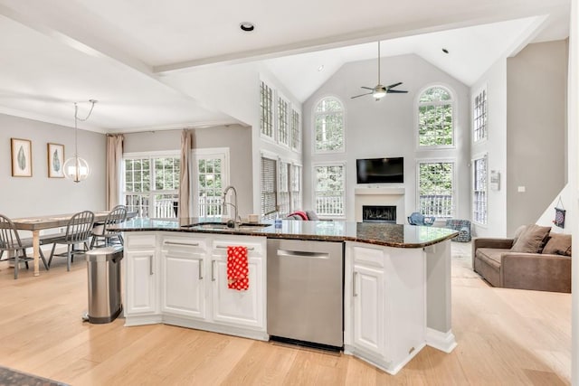 1253 Rivermark Ct, Lawrenceville, GA 30043 - kitchen with stainless steel dishwasher, a sink, open floor plan, a fireplace, and a ceiling fan