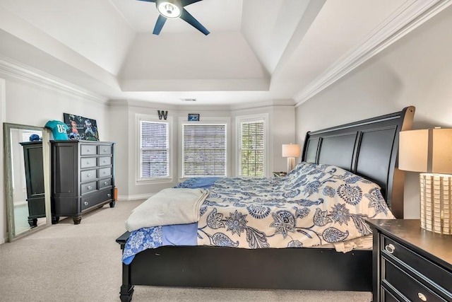 1253 Rivermark Ct, Lawrenceville, GA 30043 - bedroom with light carpet, a tray ceiling, crown molding, and ceiling fan