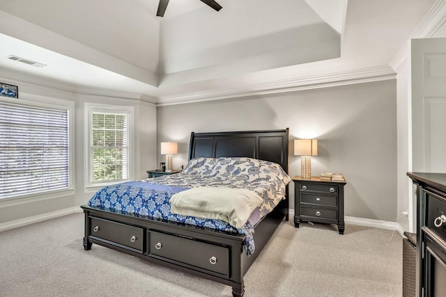 1253 Rivermark Ct, Lawrenceville, GA 30043 - bedroom featuring light carpet, baseboards, crown molding, and a raised ceiling