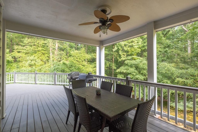 1253 Rivermark Ct, Lawrenceville, GA 30043 - wooden deck with ceiling fan, outdoor dining space, a view of trees, and grilling area