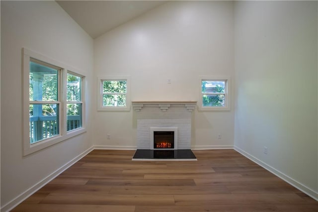 1342 Carter Rd, Decatur, GA 30030 - unfurnished living room featuring high vaulted ceiling, healthy amount of natural light, wood finished floors, baseboards, and a warm lit fireplace