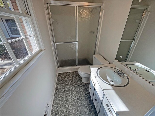 bathroom with vanity, toilet, and walk in shower