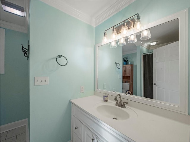 bathroom featuring tile patterned flooring, vanity, curtained shower, and crown molding