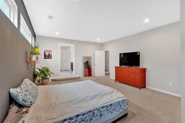 carpeted bedroom with recessed lighting, baseboards, and visible vents