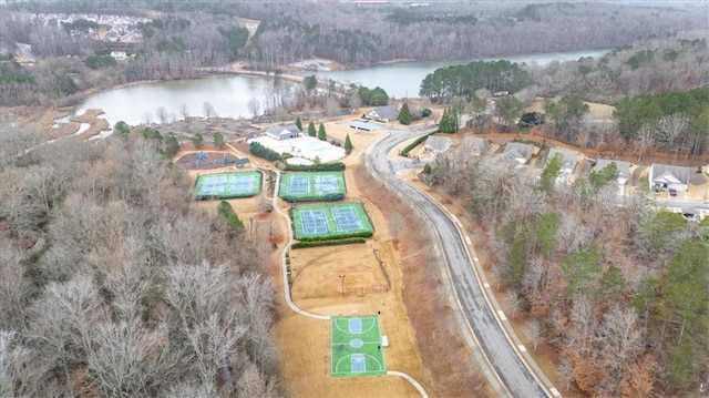 birds eye view of property featuring a water view