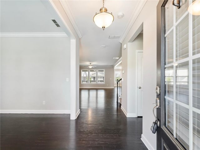 4905 Sterling Close, Buford, GA 30518 - entrance foyer featuring dark wood-style floors, baseboards, crown molding, and ceiling fan