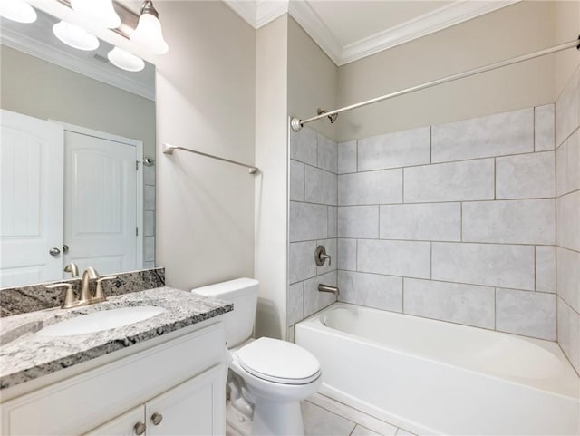 4905 Sterling Close, Buford, GA 30518 - bathroom with crown molding, toilet, vanity, tile patterned floors, and shower / bath combination