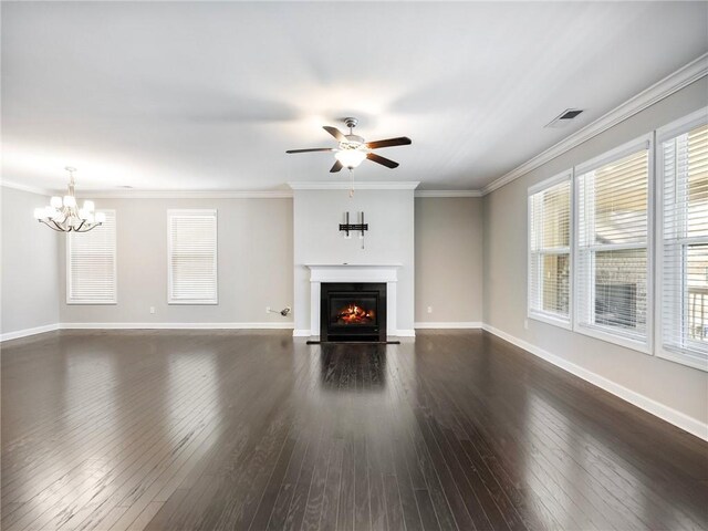 4905 Sterling Close, Buford, GA 30518 - unfurnished living room with a fireplace with flush hearth, a chandelier, dark wood-style floors, a ceiling fan, and crown molding