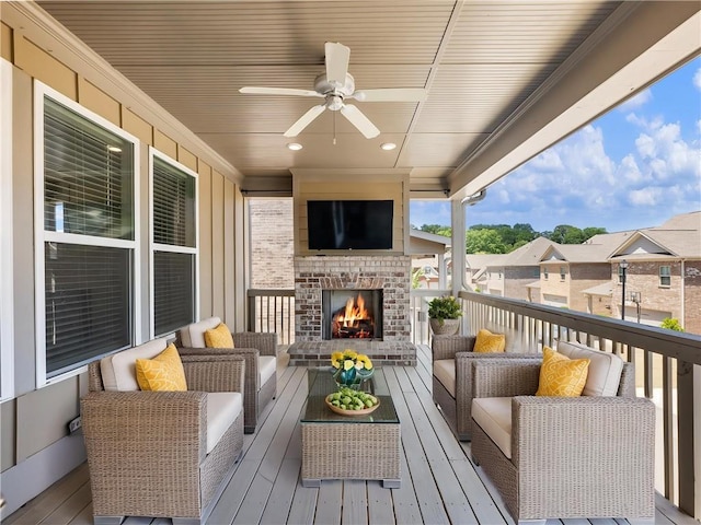 4905 Sterling Close, Buford, GA 30518 - wooden terrace with an outdoor living space with a fireplace and ceiling fan