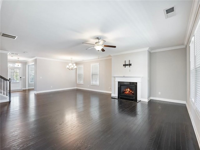 4905 Sterling Close, Buford, GA 30518 - unfurnished living room with a glass covered fireplace, a ceiling fan, dark wood-type flooring, a chandelier, and stairs