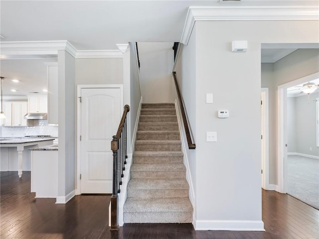 4905 Sterling Close, Buford, GA 30518 - stairway with hardwood / wood-style floors, crown molding, baseboards, and ceiling fan