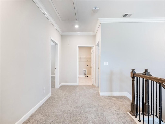 4905 Sterling Close, Buford, GA 30518 - hall with attic access, ornamental molding, carpet flooring, baseboards, and an upstairs landing