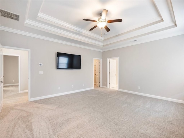 4905 Sterling Close, Buford, GA 30518 - unfurnished room featuring a tray ceiling, ornamental molding, ceiling fan, light colored carpet, and baseboards