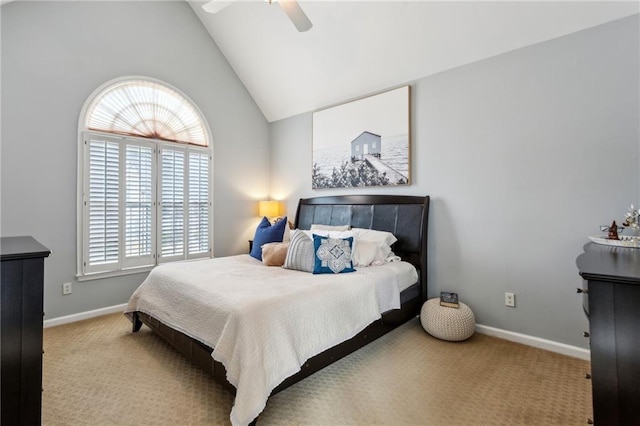 bedroom featuring ceiling fan, high vaulted ceiling, and light carpet