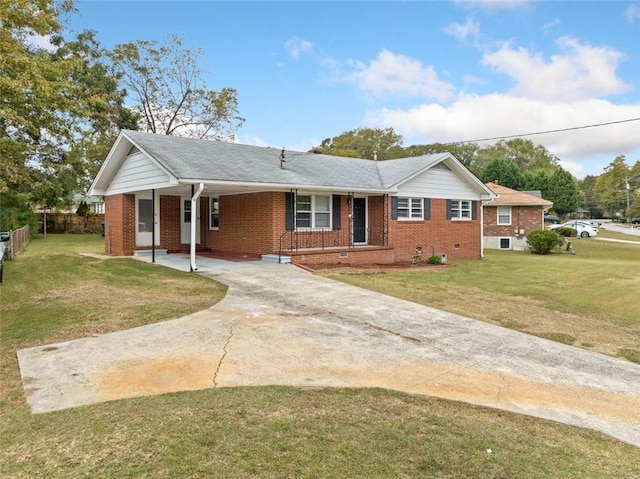 single story home with a porch and a front yard