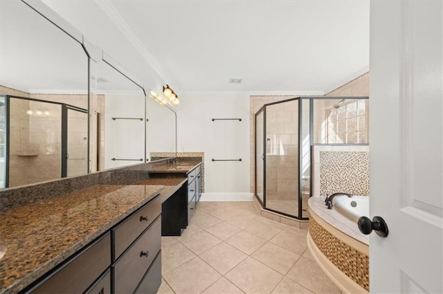 bathroom with plus walk in shower, tile patterned flooring, vanity, and crown molding