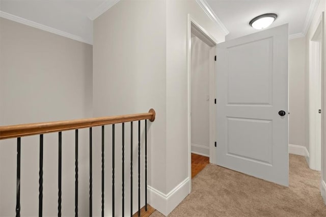 hallway with crown molding and light carpet