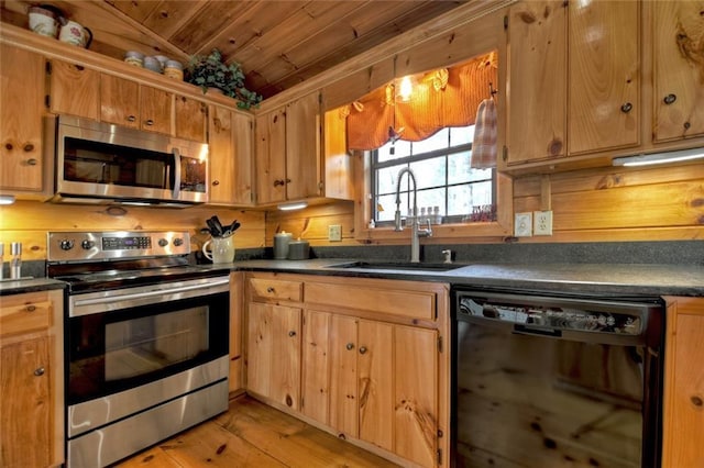 97 Doyle Carder Pkwy, Blue Ridge, GA 30513 - kitchen featuring wooden ceiling, stainless steel appliances, a sink, light wood finished floors, and dark countertops