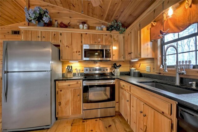 97 Doyle Carder Pkwy, Blue Ridge, GA 30513 - kitchen featuring stainless steel appliances, lofted ceiling, wood ceiling, a sink, and light wood-type flooring