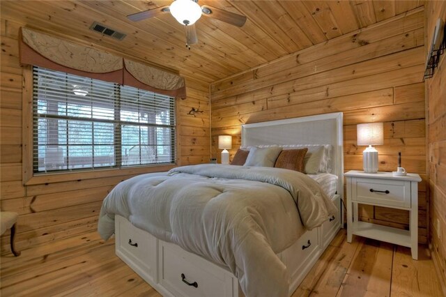 97 Doyle Carder Pkwy, Blue Ridge, GA 30513 - bedroom featuring visible vents, light wood-style flooring, wood walls, ceiling fan, and wooden ceiling