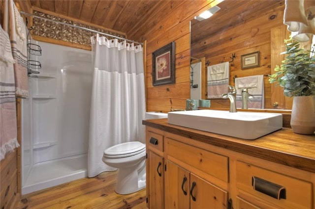 97 Doyle Carder Pkwy, Blue Ridge, GA 30513 - full bathroom with wooden ceiling, toilet, wooden walls, a shower with shower curtain, and wood finished floors