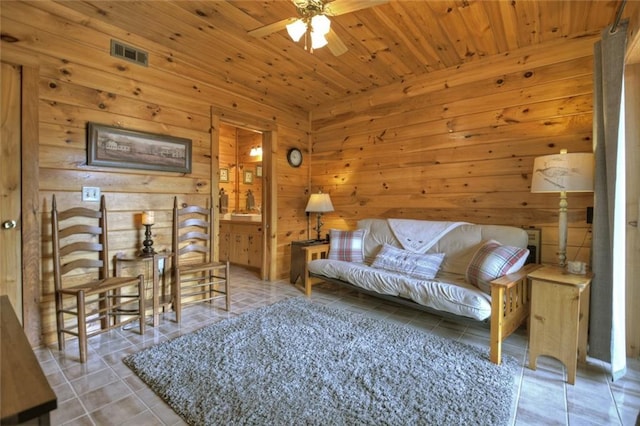 97 Doyle Carder Pkwy, Blue Ridge, GA 30513 - living room featuring visible vents, a ceiling fan, wood ceiling, tile patterned floors, and wood walls