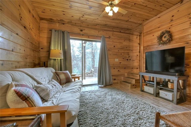 97 Doyle Carder Pkwy, Blue Ridge, GA 30513 - tiled living area featuring wood walls, wood ceiling, and a ceiling fan