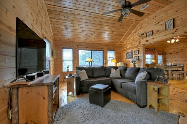 97 Doyle Carder Pkwy, Blue Ridge, GA 30513 - living area featuring wood-type flooring, wooden ceiling, vaulted ceiling, and wood walls