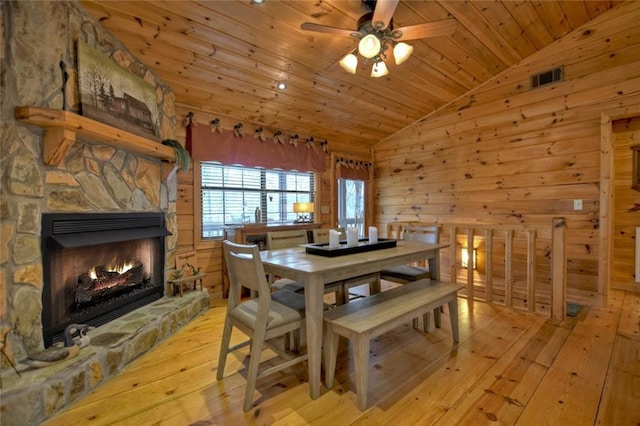 97 Doyle Carder Pkwy, Blue Ridge, GA 30513 - dining room with a fireplace, visible vents, wood ceiling, vaulted ceiling, and light wood-style floors
