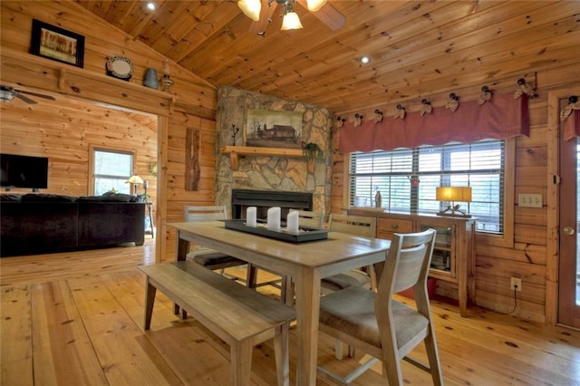97 Doyle Carder Pkwy, Blue Ridge, GA 30513 - dining space featuring lofted ceiling, light wood finished floors, wood ceiling, and a ceiling fan