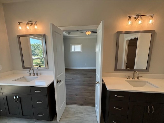 bathroom with ceiling fan, hardwood / wood-style floors, and vanity