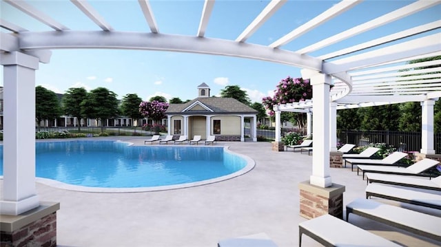 view of swimming pool with an outbuilding, a pergola, and a patio